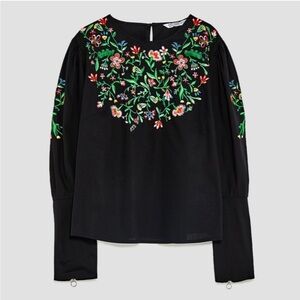 Zara Floral Embroidered Puff Sleeve Zip Cuff Blouse